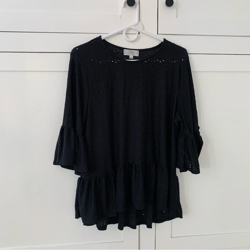 Shannon Ford NY Black Eyelet Ruffle Top Size Large